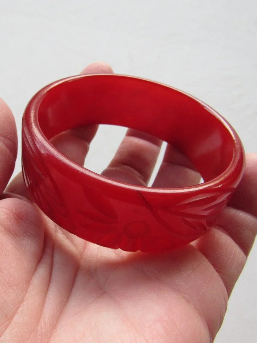Cherry Red Semi Translucent Carved BAKELITE Bangle Tested